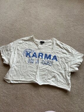 White Graphic Crop Tee "KARMA IS A CAT"